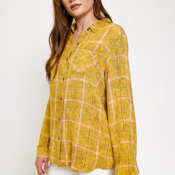 MYSTREE Mustard Yellow Plaid Button-Up Shirt, Fall Flannel Style Casual Layering - Picture 2 of 5